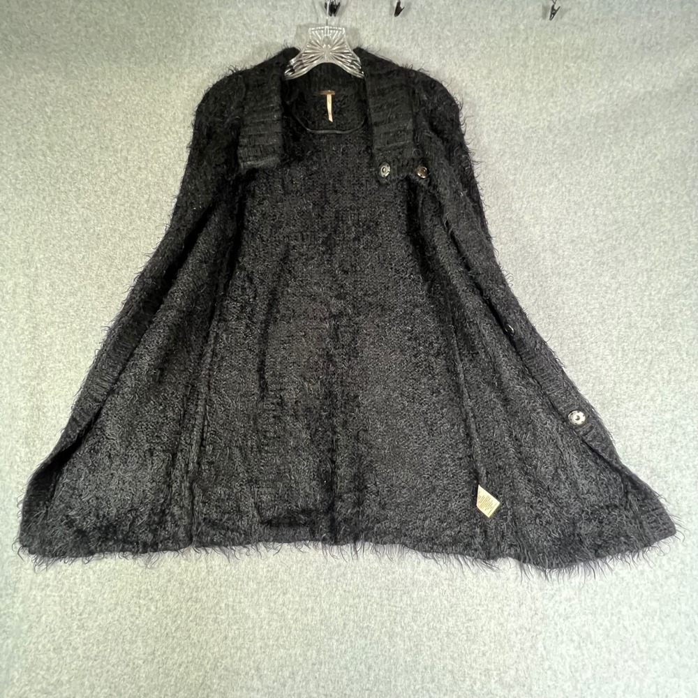 Free People XS Shaggy Jacket Black Fuzzy Knit Cardigan Sweater‎ Pockets Grunge - Picture 9 of 10